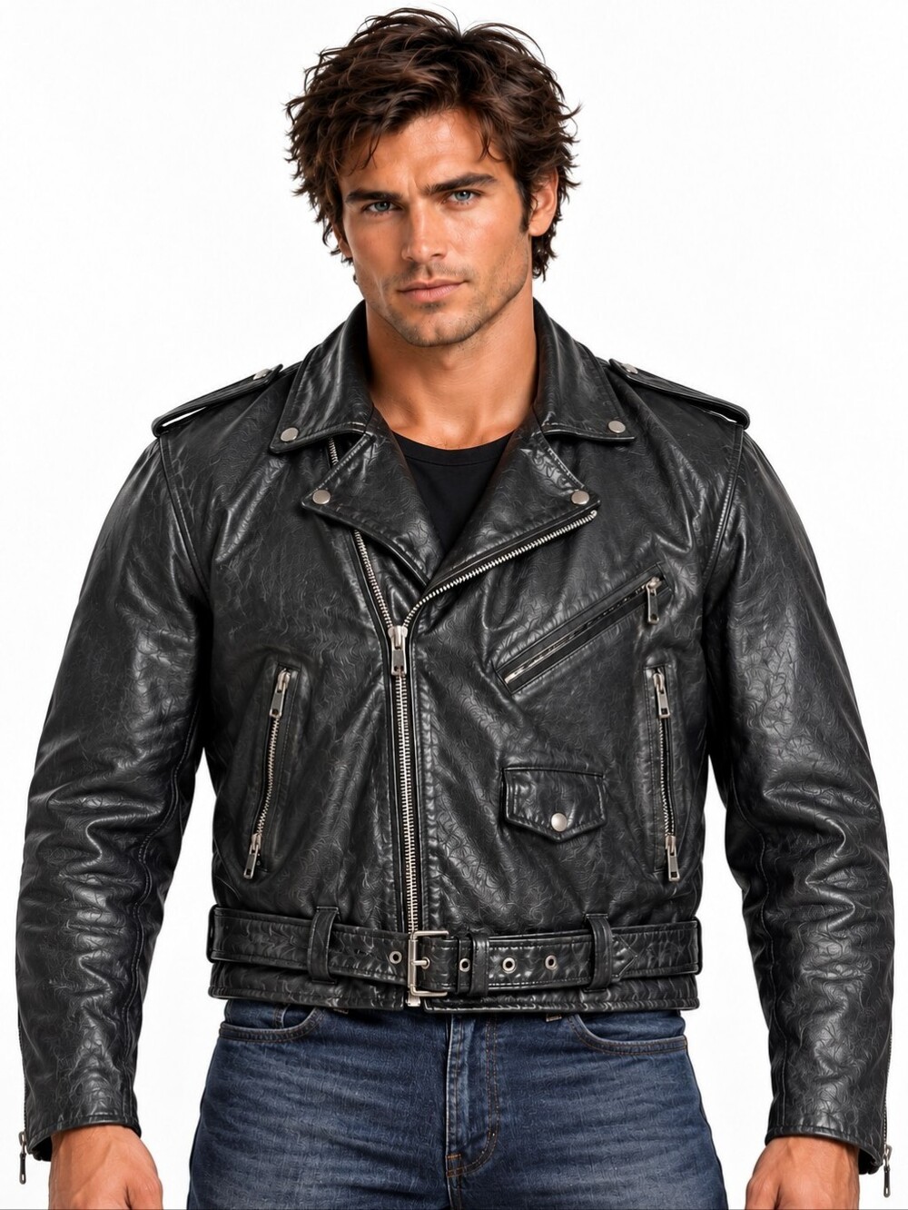 JR Leather Genuine Leather Black Motorcycle Biker Jacket Size 50